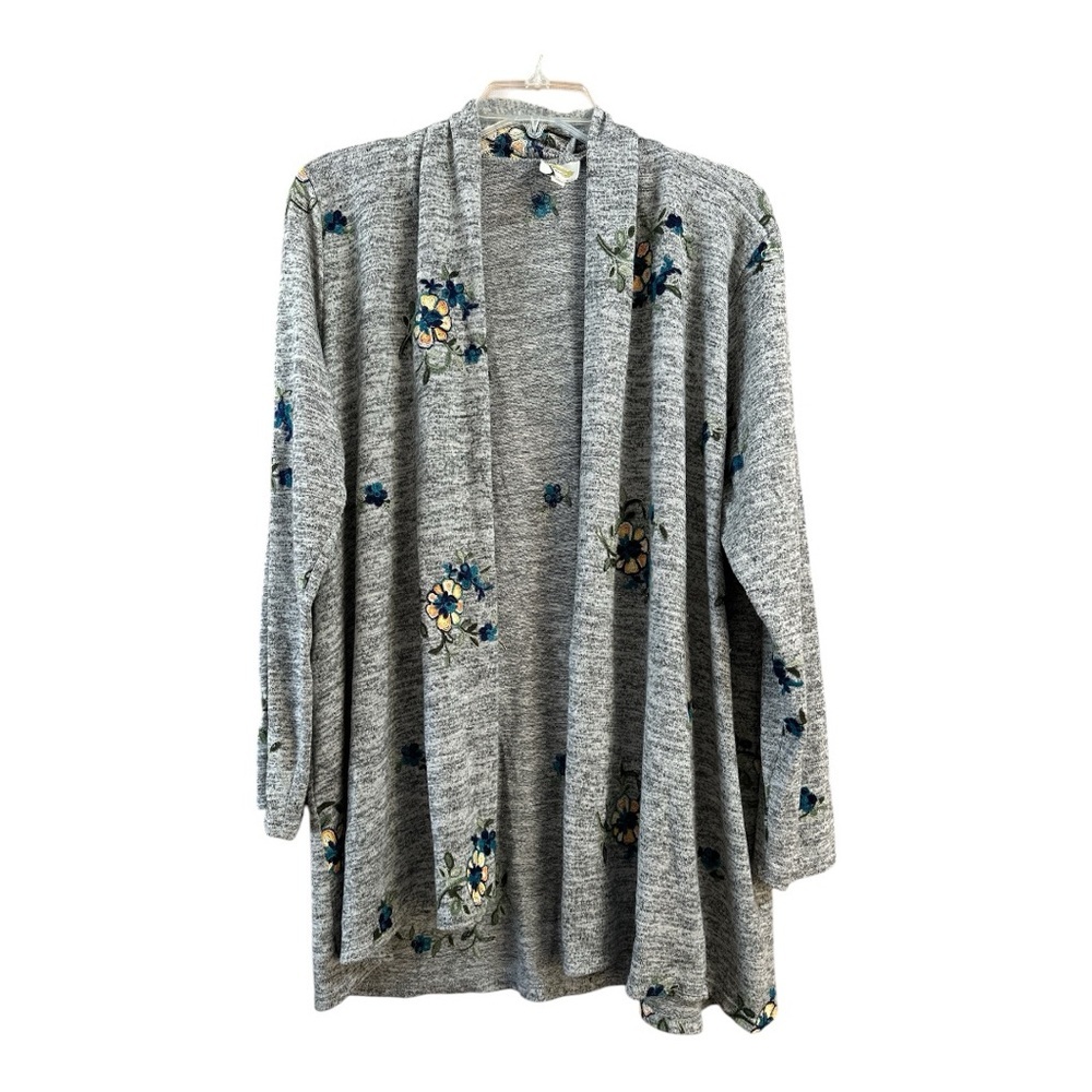 Fig & Flower Floral Embroidered Gray Duster Length Sweater, Large